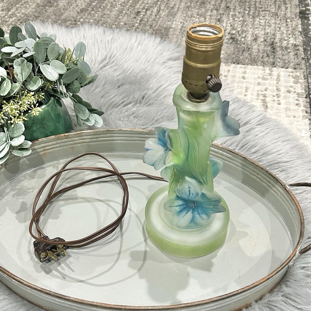 Vintage Art Nouveau Frosted Blue Desert Rose Glass Base Lamp-Working & Beautiful
